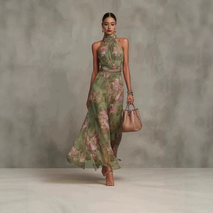 Elegantes Damen Neckholder Maxikleid bedruckt, ärmellos mit hohem Bund für Sommer & Urlaub.