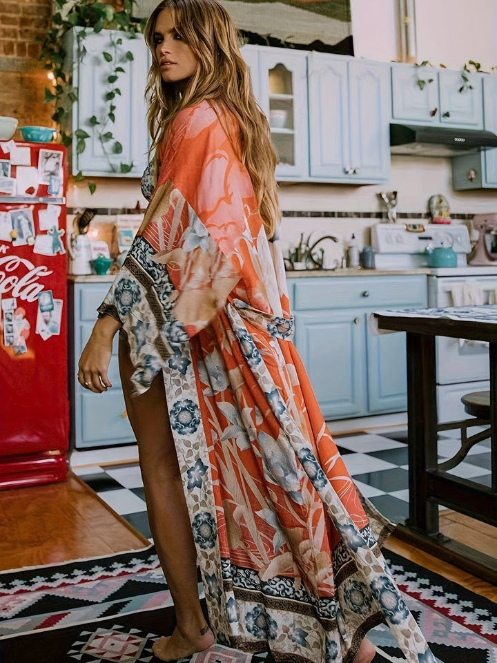 Damen Kimono mit rotem Blumenprint, luftig & modisch. Ideal als Sommer-Überwurf oder Strandmode.