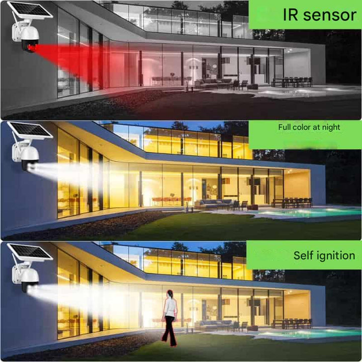 Kabellose 4K Überwachungskamera mit Solarpanel, unterstützt sowohl WLAN als auch 4G Konnektivität.
