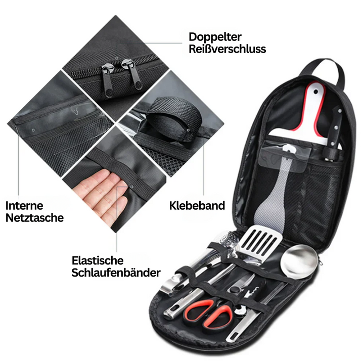 Vielseitiges Outdoor-Kochset aus Edelstahl. Kompakte Campingutensilien für Kochen im Freien & Picknick-Spaß.