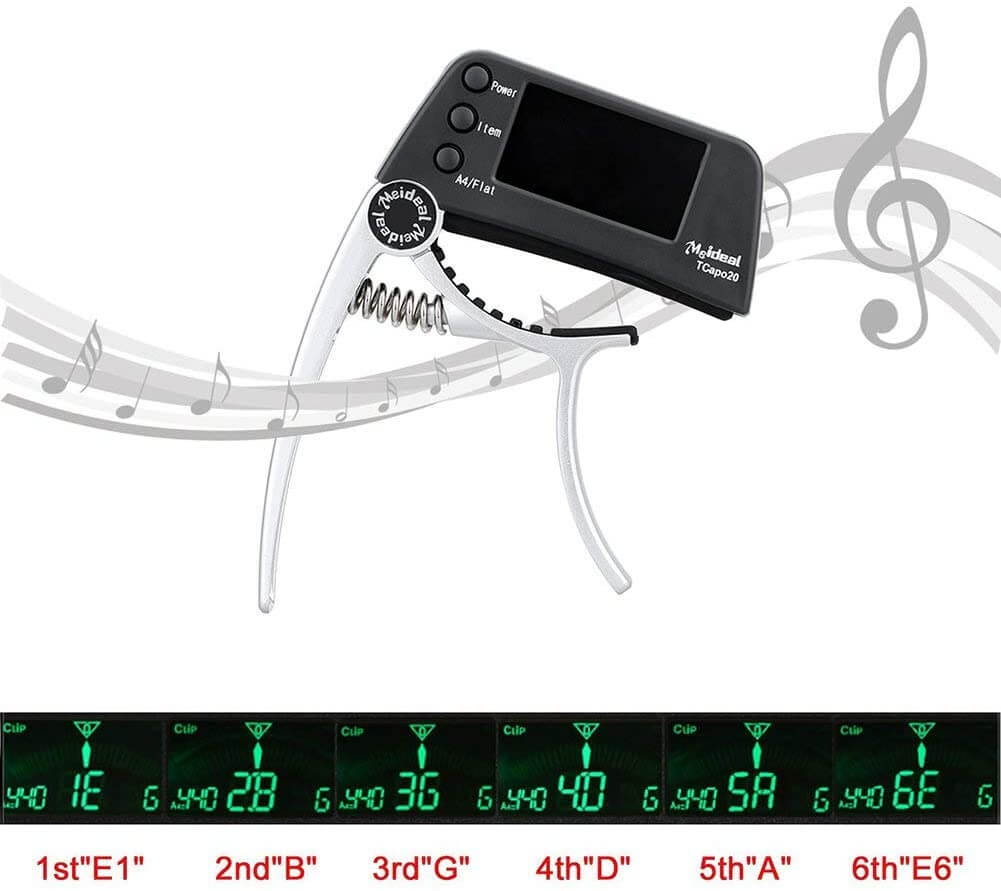 Multifunktionaler Gitarren Capo mit integriertem, präzisem Stimmgerät. Perfekt für Akustik- und E-Gitarre.