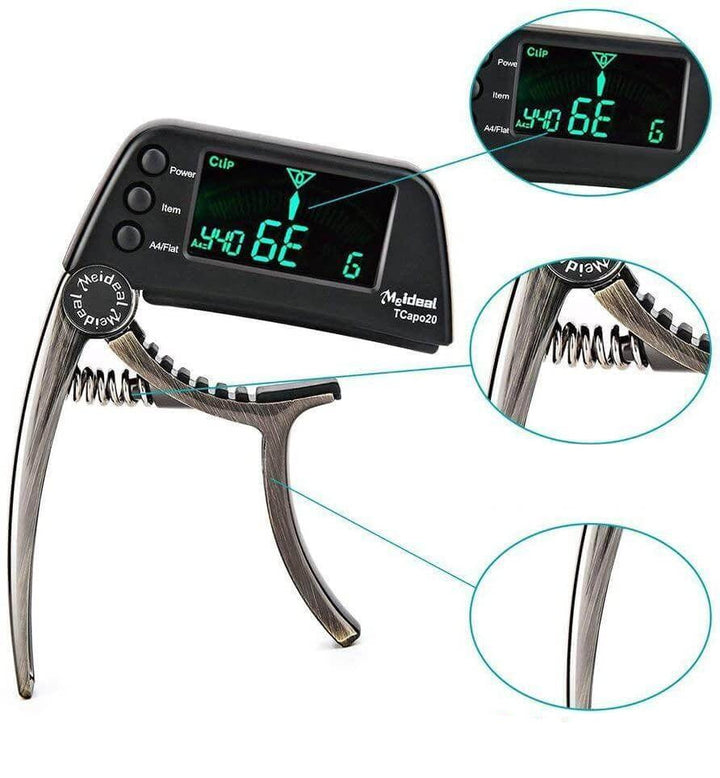 Gitarren Capo & Tuner 2-in-1 aus robustem Aluminium. Präzises Stimmgerät für Saiteninstrumente wie Gitarre.