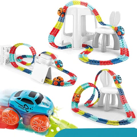 Set der magnetischen Autorennbahn für Kinder, leuchtende Schienen und viel Zubehör.