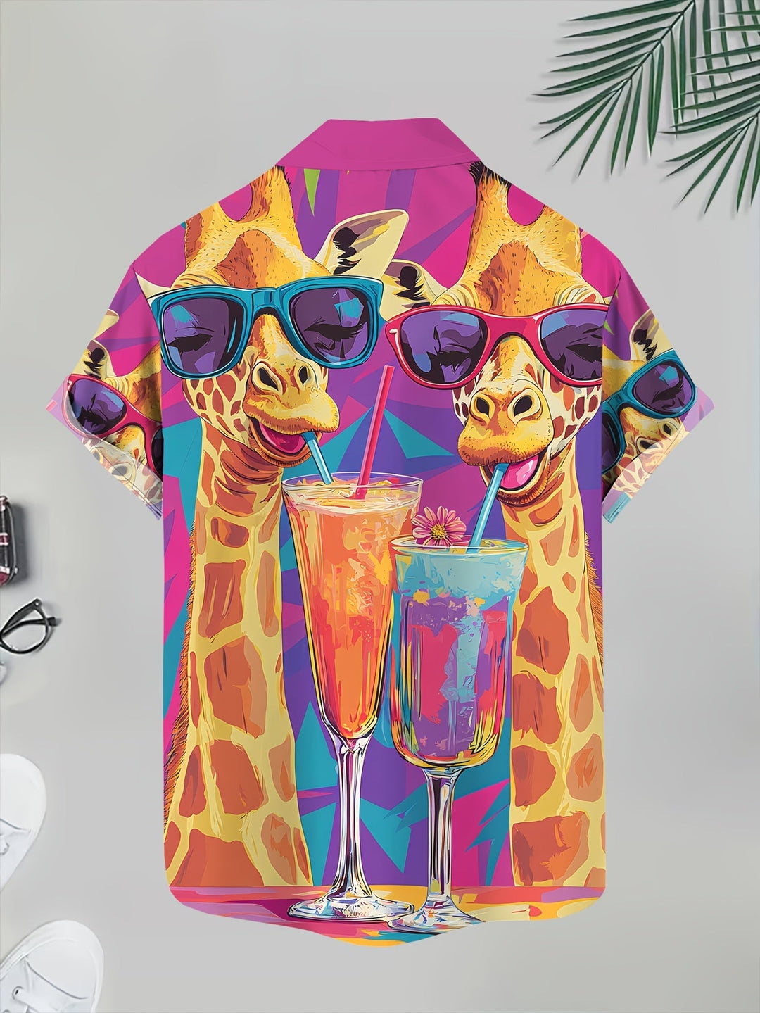 Stylisches Herren Freizeithemd: Kurzarm-Hawaiihemd mit lustigem Giraffen- & Cocktail-Muster für Sommerpartys.