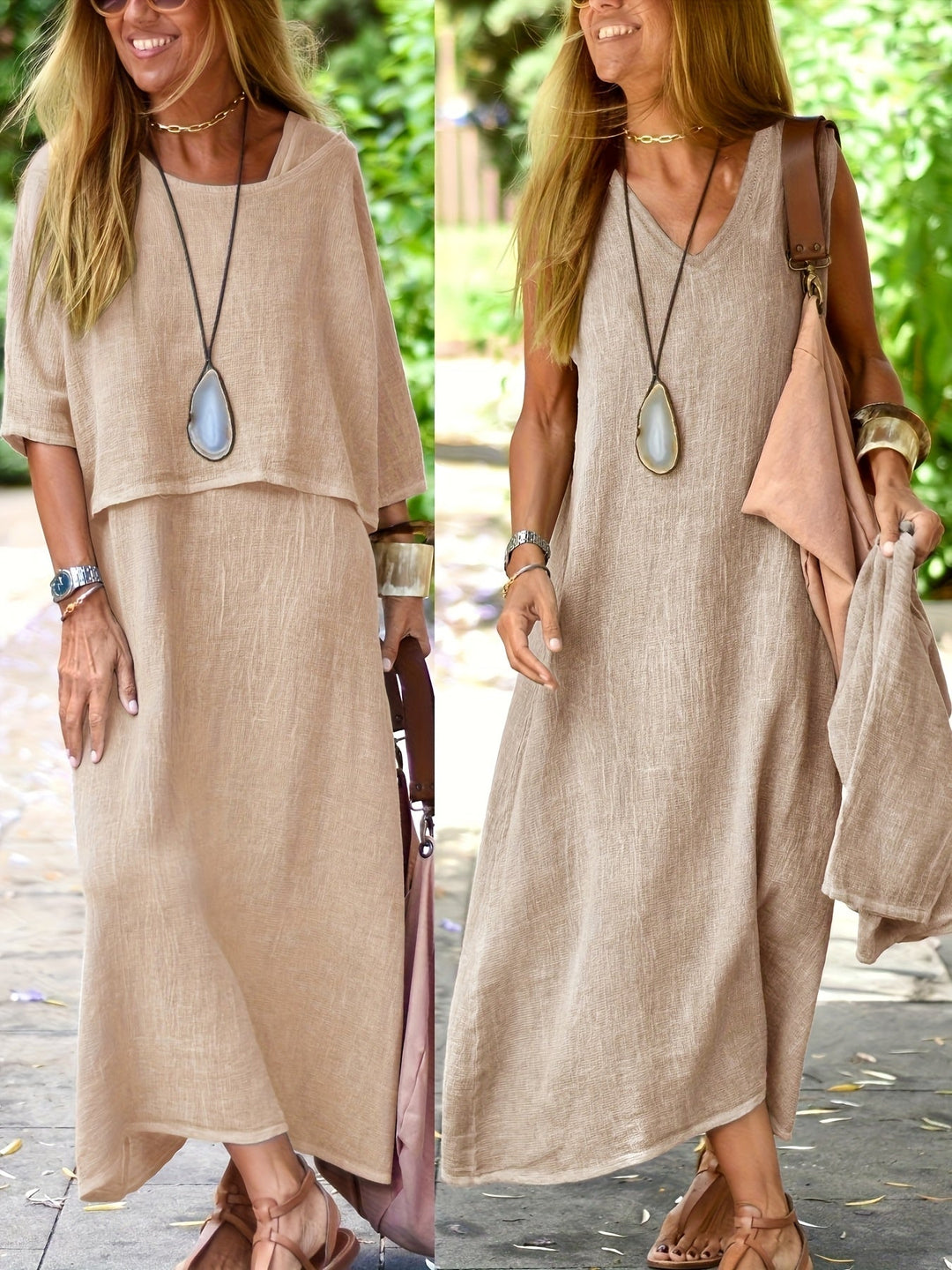 Damen Sommerkleid Set, zweiteiliger Boho-Look, ideales Freizeitkleid für warme Tage.