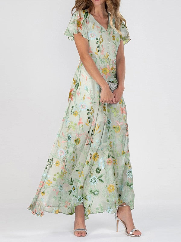 Elegantes grünes Damen Maxikleid mit Blumenmuster & V-Ausschnitt, perfekt als Sommerkleid für Freizeit & Feste.