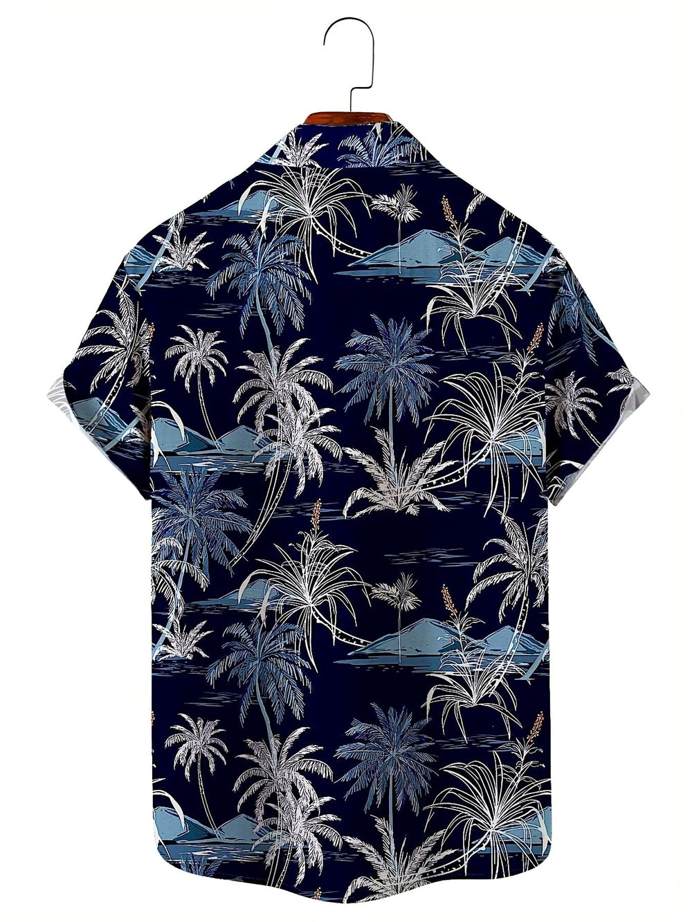 Tropisches Herren Freizeit Hemd in Weiß mit blauem Palmen-Muster, ideal für Urlaub & warme Tage.