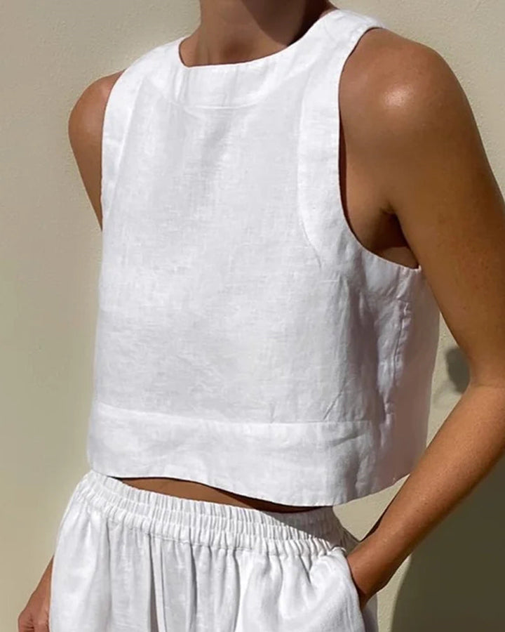Damen Leinen Zweiteiler Set: elegantes Crop-Top & weite Hose für den Sommer, bequem & stilvoll.