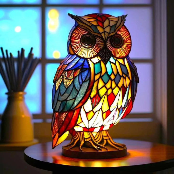 Stimmungsvolle Buntglas-Tischlampe, Tierdesign, dekorative Wohnzimmerlampe mit Tierdeko.
