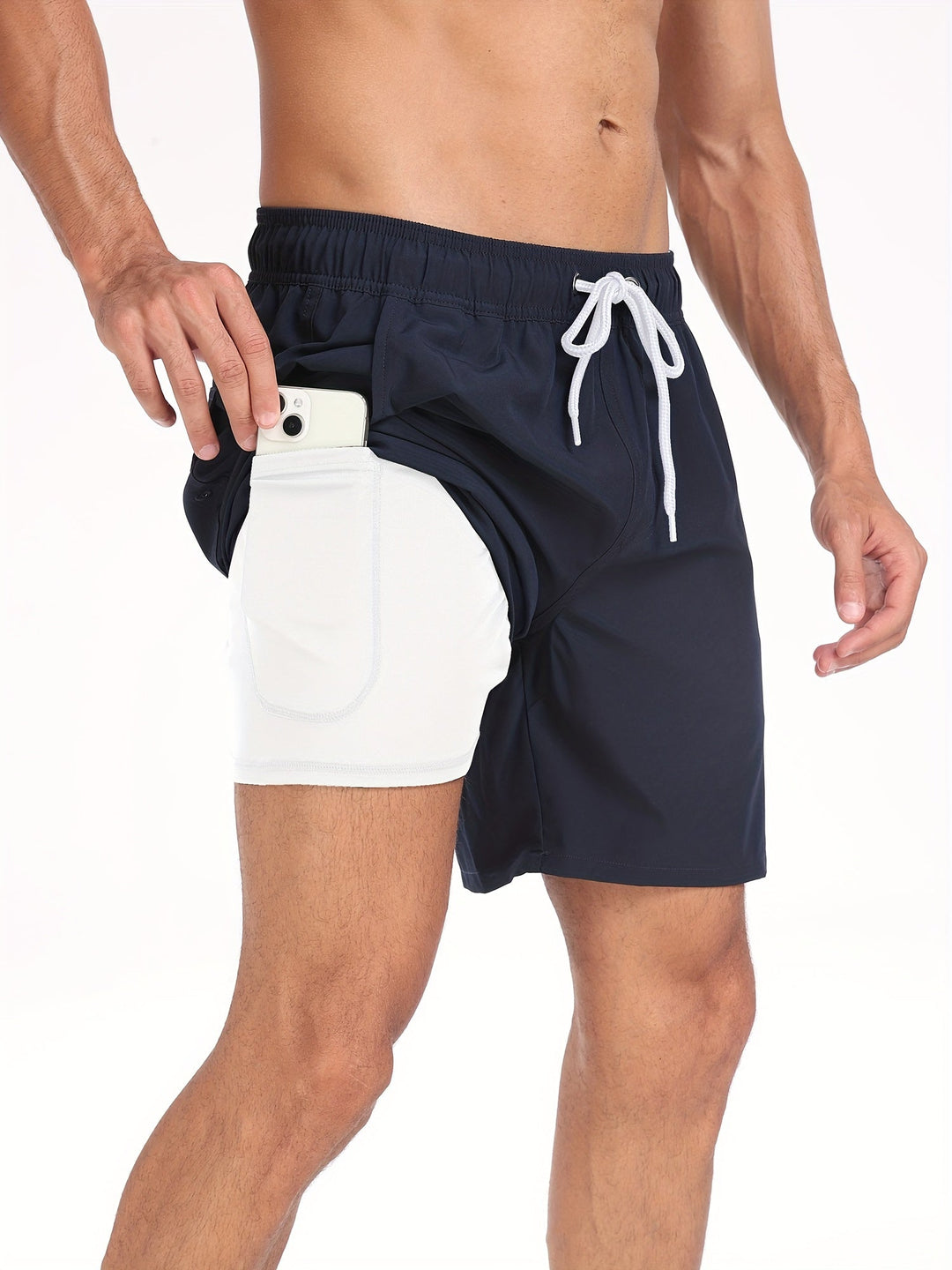 Herren Sport-Badeshorts, zweilagig, Stretch, mit Handytasche, ideal für aktive Männer.