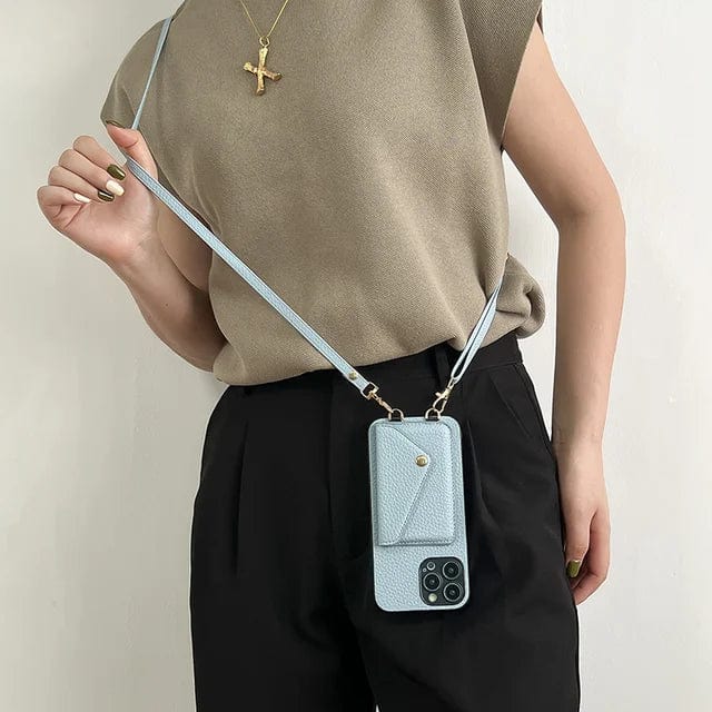 Organisierte Leder Crossbody iPhone-Hülle mit Kartenhalter, bietet Schutz & bequemen Zugriff für unterwegs.