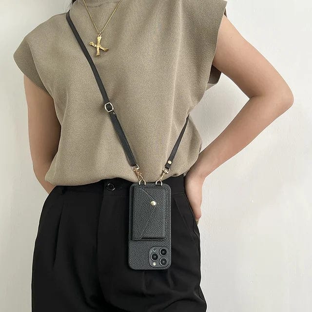 Elegante Leder-Schutzhülle im Crossbody-Stil für iPhone, mit praktischem Kartenfach und verstellbarem Riemen.