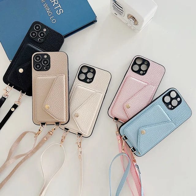 Stilvolle Leder-Umhängehülle für iPhone mit Kartenfächern, perfekt für Damen und Herren im Urban Chic.