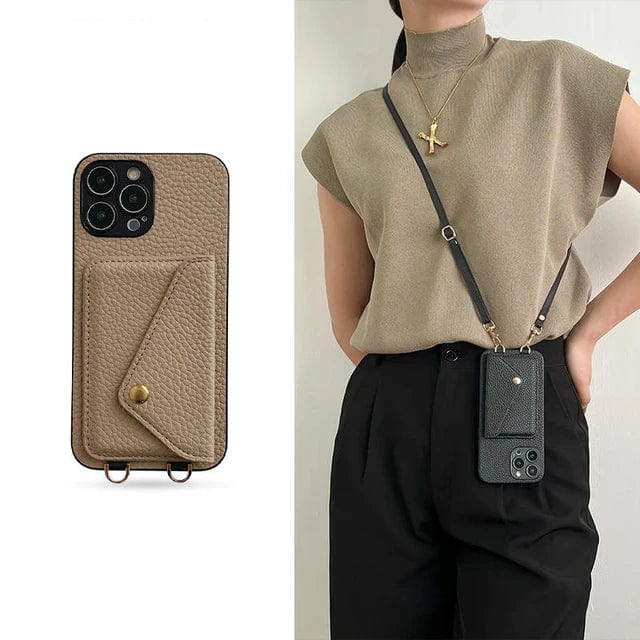 Lederne Crossbody-Handyhülle für iPhone mit integriertem Kartenhalter, unisex und stilvoll.
