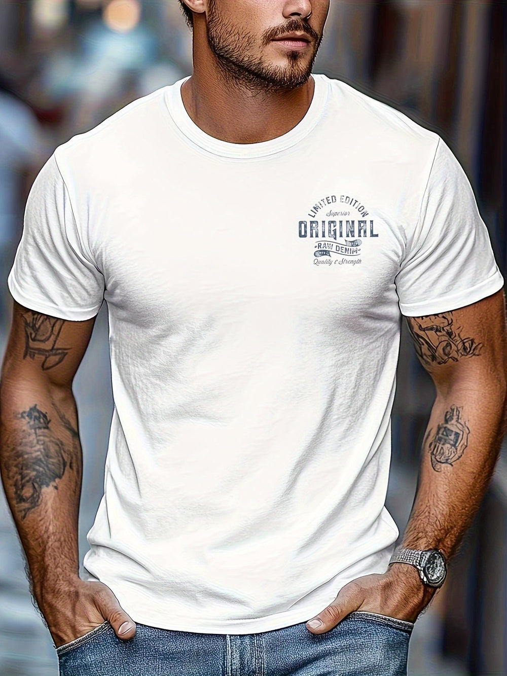Vintage Print Herren T-Shirt für Streetwear & Freizeit, urbaner Look, Männer Mode.