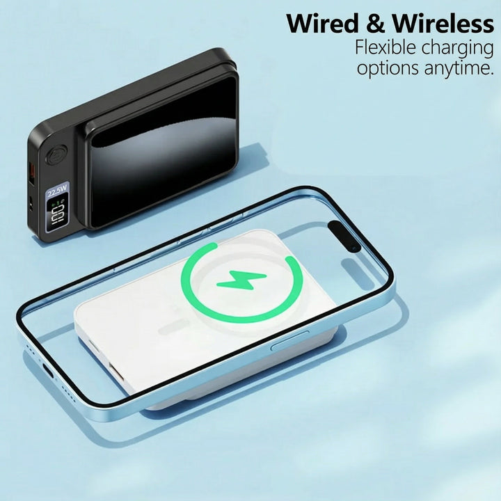Grüne kabellose Powerbank, 22.5W Schnellladen, magnetisches Design für Smartphones.