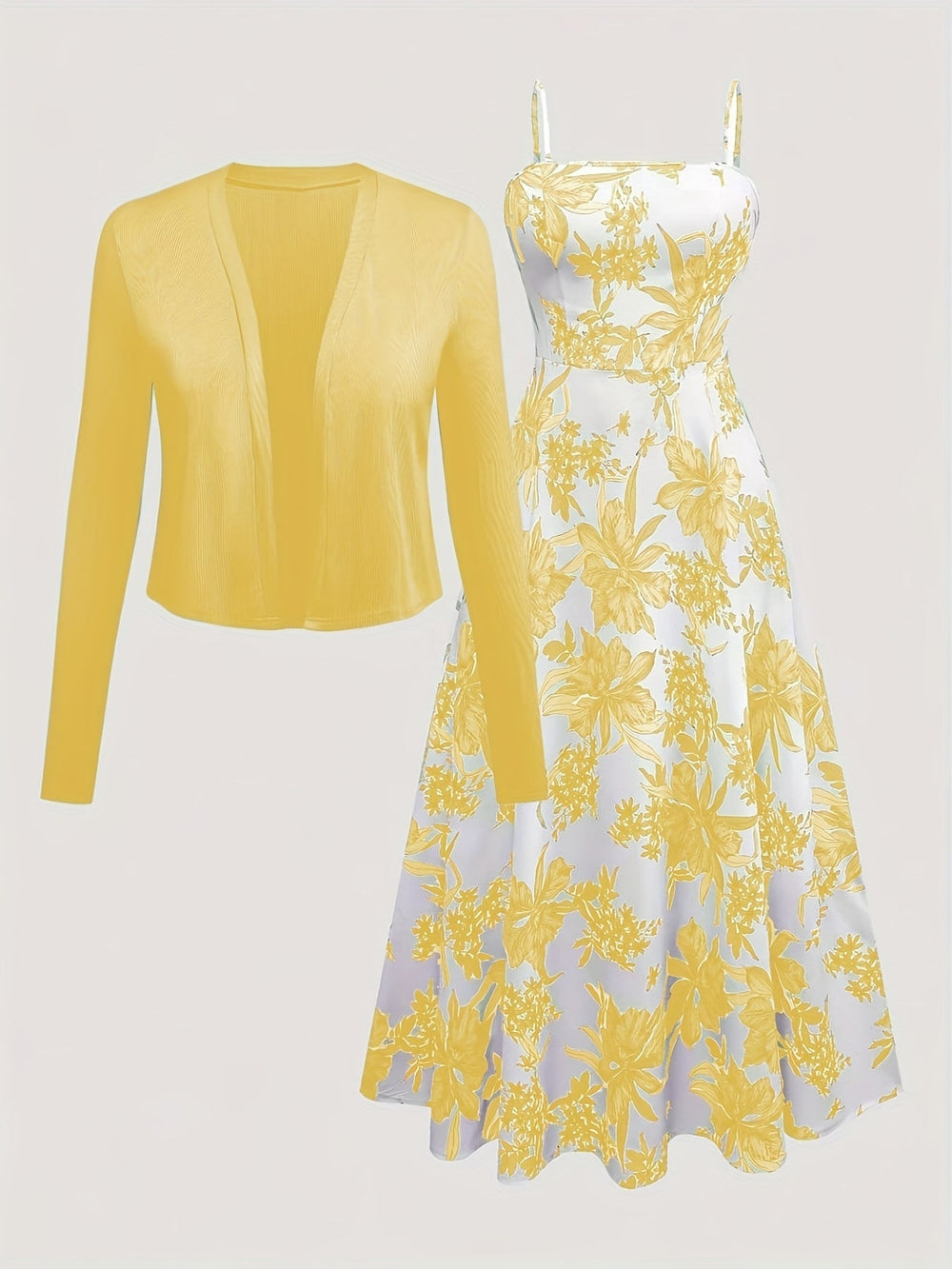 Feminines Damen Midikleid Set: ärmelloses Blumenmuster Kleid & passender Cardigan. Perfekt für Sommer.