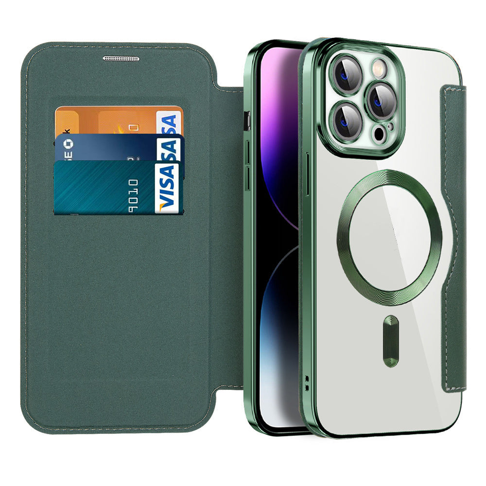 Elegantes Leder Flip Case für iPhone mit integriertem RFID-Schutz und praktischen Kartenfächern innen.