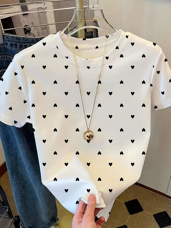 Stylisches Damen T-Shirt mit modischem Punkt- & Herz-Print, perfekt für Frühling/Sommer.