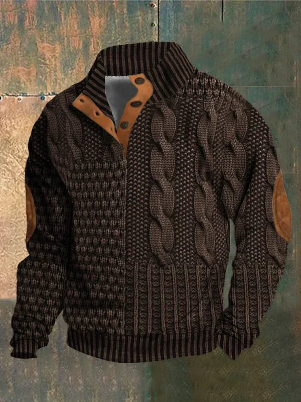 Vielseitiger Herren Zopfmuster Pullover mit Knopfkragen und modischem Patchwork. Ideal für Freizeit & Herrenmode.