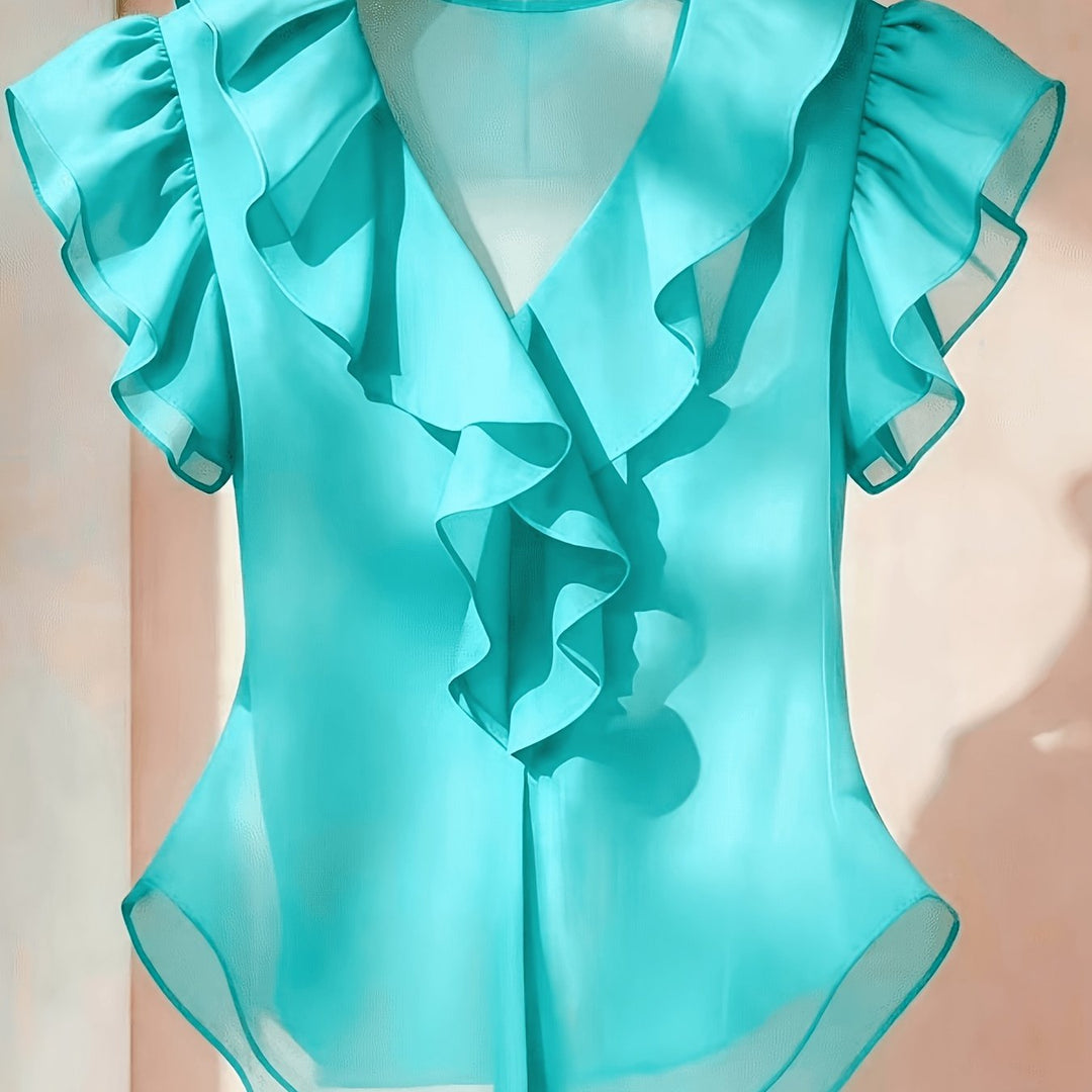 Feminine Damenbluse mit V-Ausschnitt, Volantärmel, Rüschen, eleganter Business-Stil.