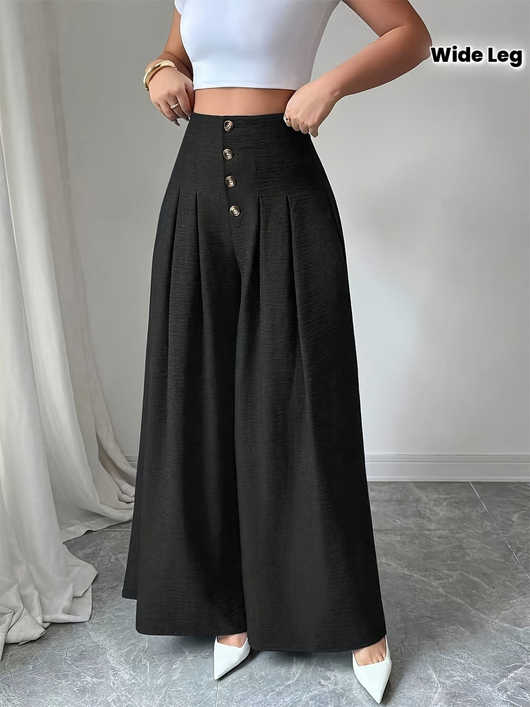 Damen Weitbein Faltenhose High-Waist, elegant mit Knopfdetails, ideal für Business & Freizeit.