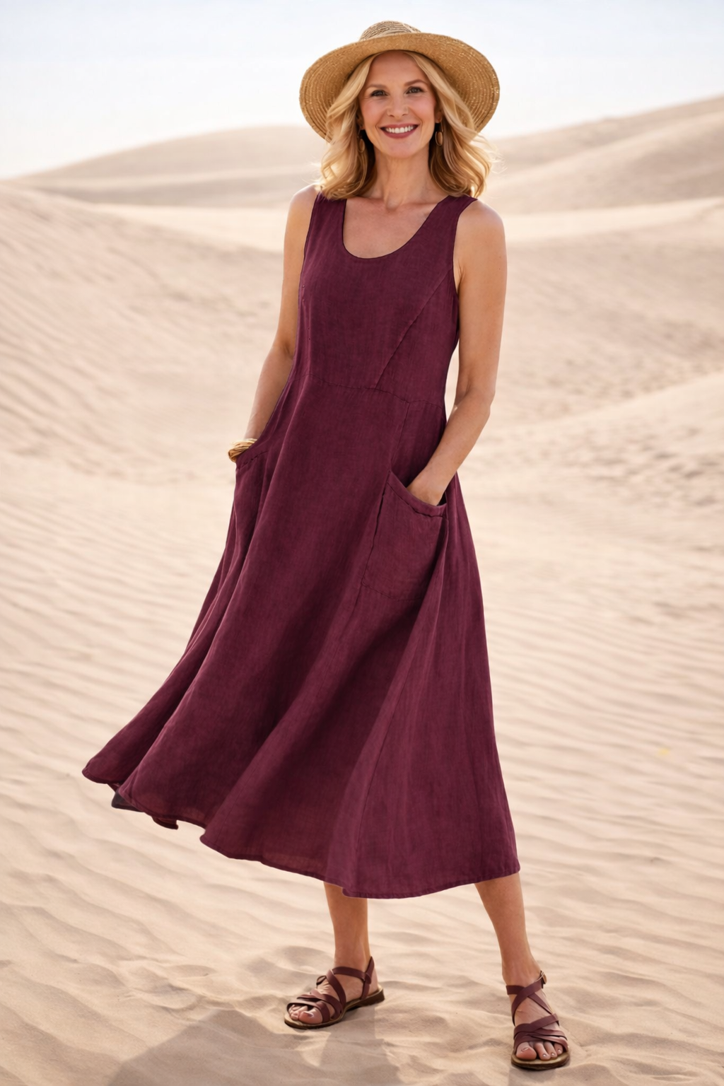 Vielseitiges ärmelloses Damenkleid in A-Linie, Midi-Länge, mit zwei seitlichen Taschen. Ideal für Sommer & Freizeit.