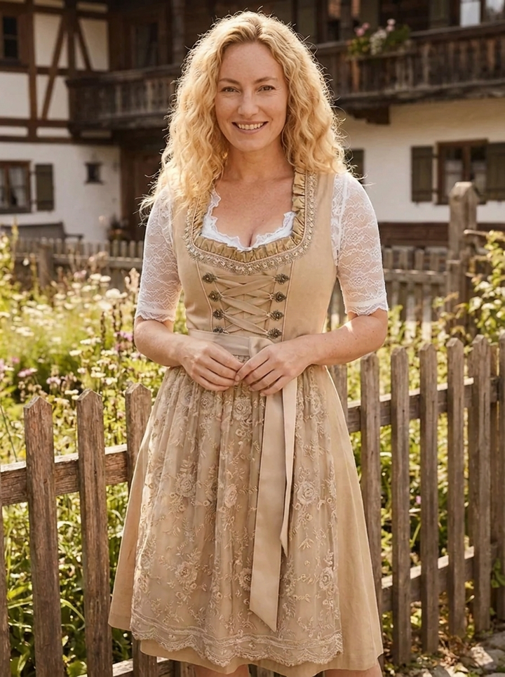 Knielanges Abendkleid in Beige mit Langarm und Spitze, feierlich und stilvoll für Damen bei besonderen Anlässen.