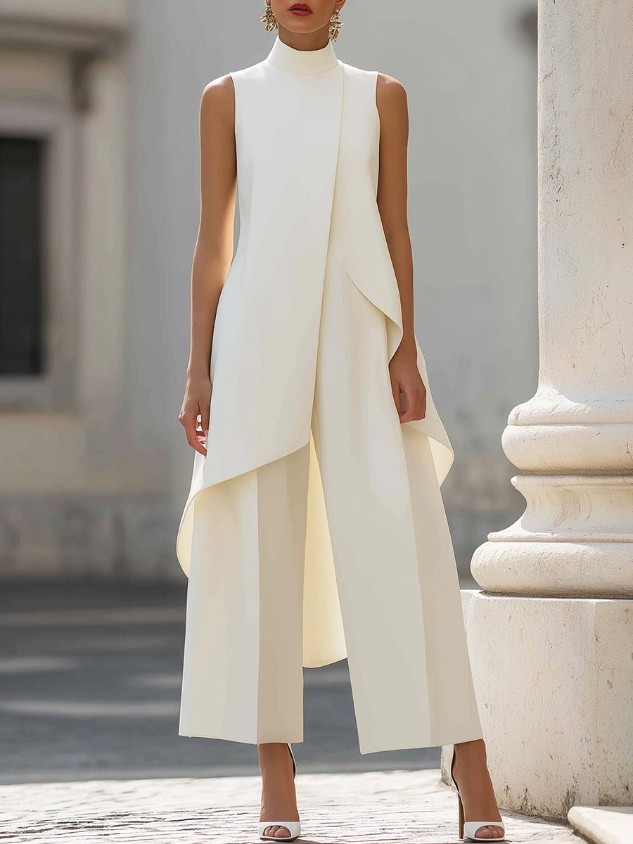 Eleganter Damen Zweiteiler mit asymmetrischem Top und weiter Hose, perfekt für Business & Abendmode.