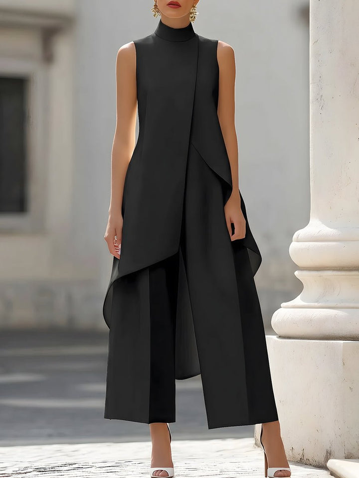 Ärmelloser Damen Zweiteiler mit asymmetrischem Top und weitem Bein, elegant für Business & festliche Feste.