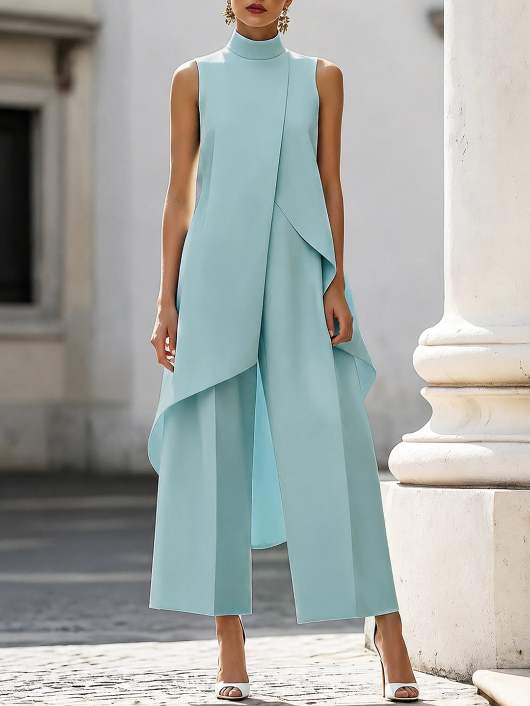 Damen Outfit: Eleganter Zweiteiler mit asymmetrischem Saum & weitem Bein, perfekt für Büro und Abendmode.