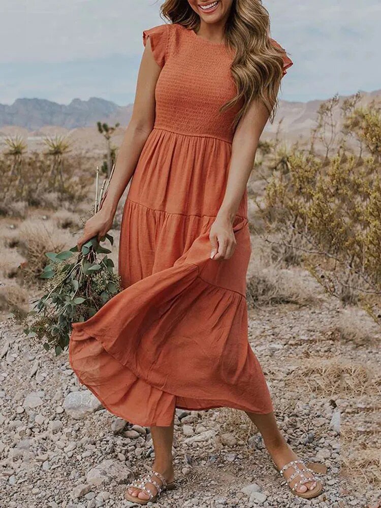 Modisches Damen Midi-Kleid mit Stufen, Bauchkontrolle, elegantes Design für feminine Silhouetten.