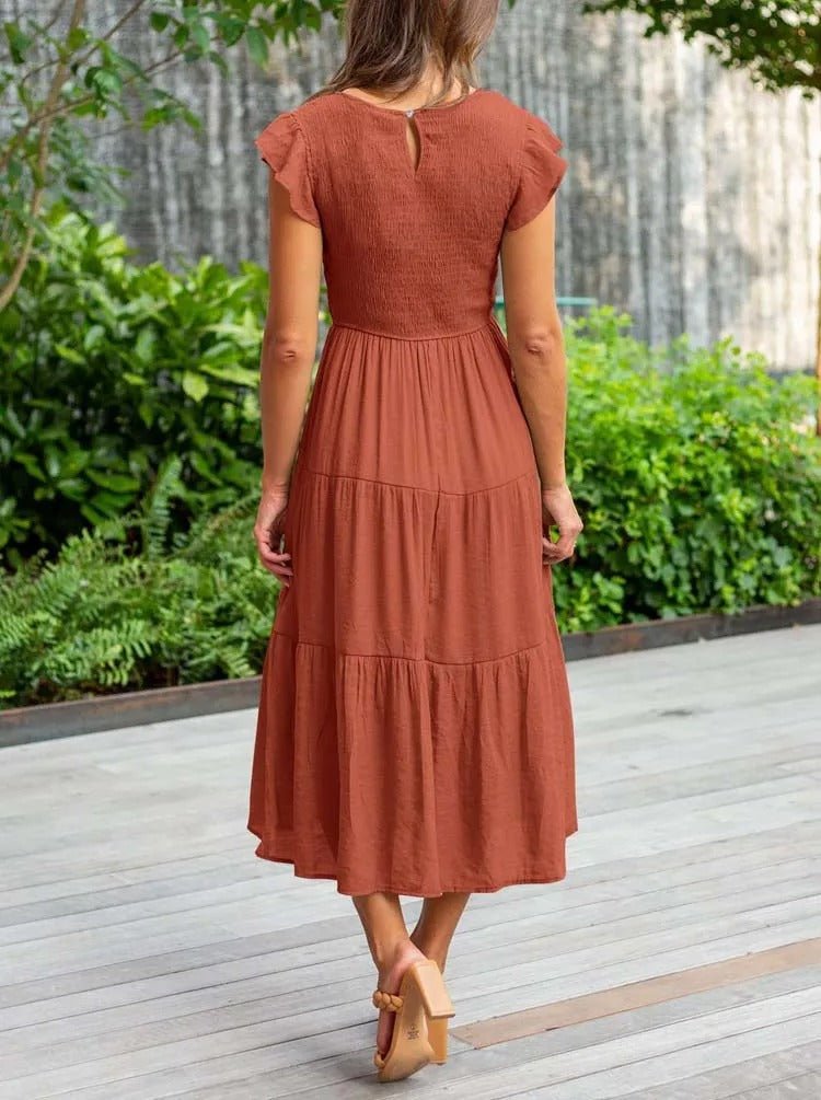 Bequemes elegantes Damen Midi-Kleid mit Bauchkontrolle, Stufenkleid für Freizeit und Büro.