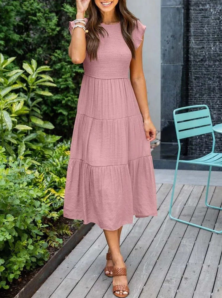 Damen Midi-Kleid mit Bauchkontrolle und Rüschen, elegantes Stufenkleid, A-Linie, feminine Mode.