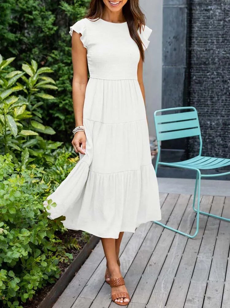 Exklusives Damen Midi-Kleid mit Bauchkontrolle, elegantes Stufenkleid für Hochzeitsgäste und Partys.