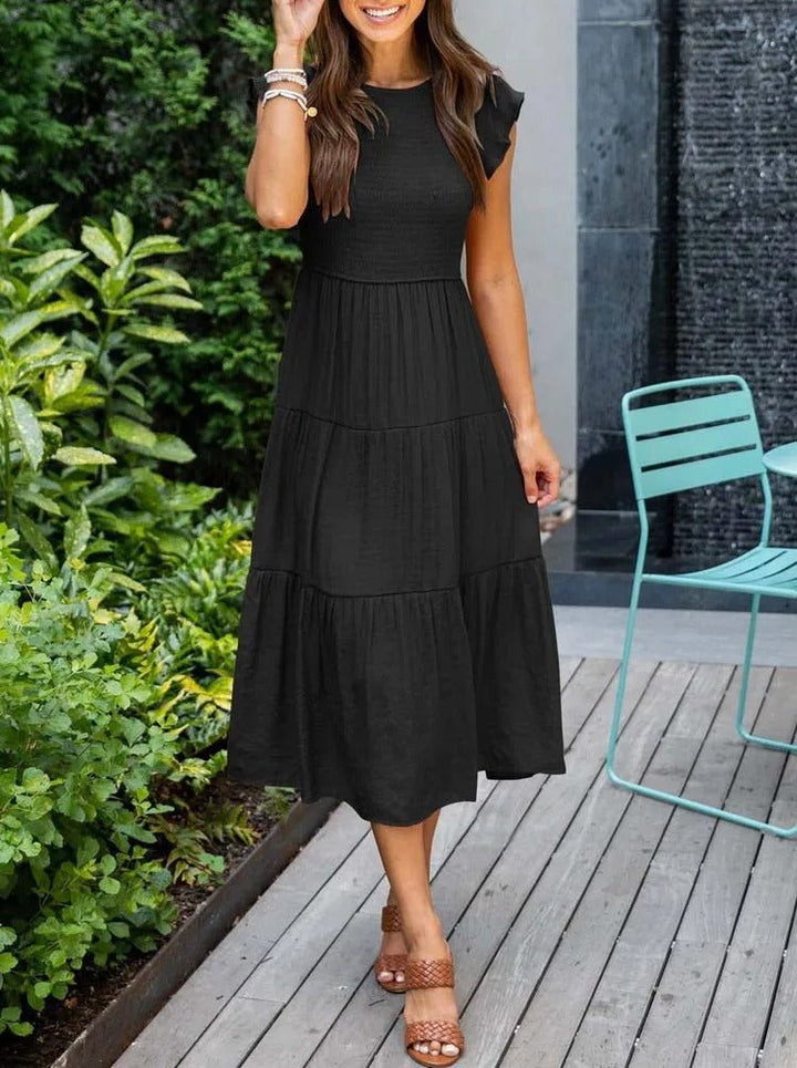 Damen Midi-Kleid mit Bauchkontrolle, elegantes Stufenkleid, A-Linie, feminin und figurformend.