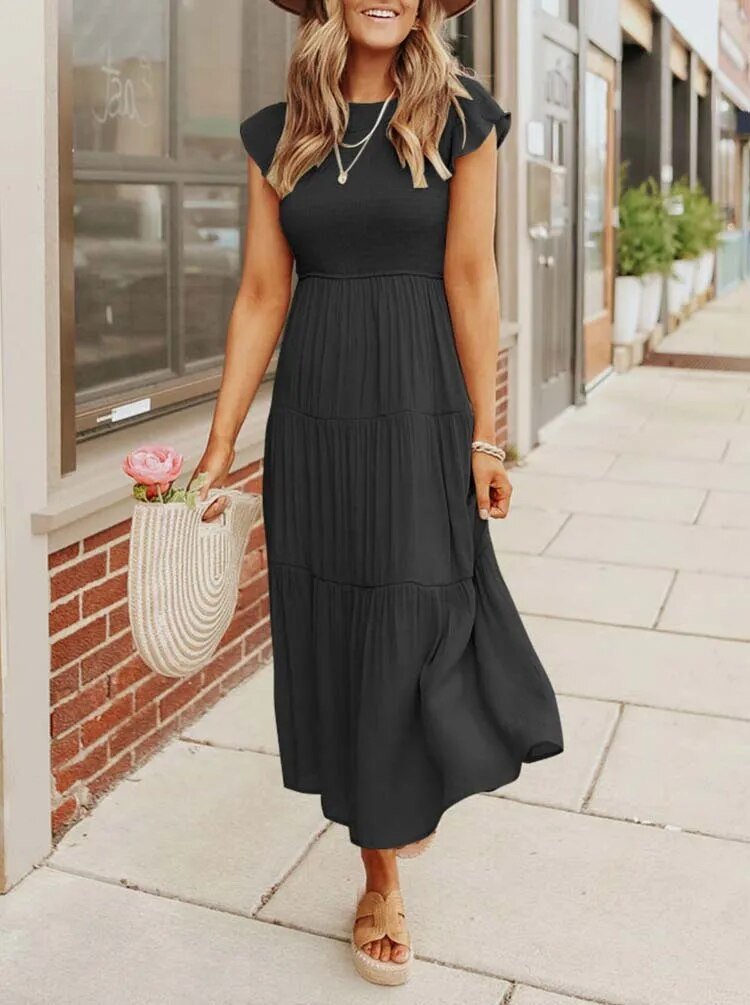 Stilvolles Midi-Stufenkleid für Damen, mit Bauchkontrolle, elegant und mit modischen Rüschen-Details.