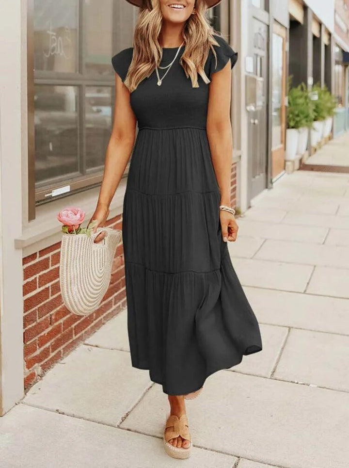 Stilvolles Midi-Stufenkleid für Damen, mit Bauchkontrolle, elegant und mit modischen Rüschen-Details.