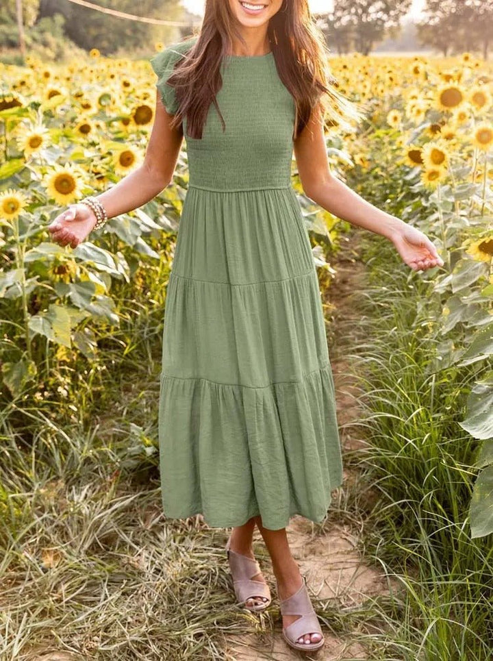 Damen Midi-Kleid mit Bauchkontrolle, elegantes Stufenkleid, A-Linie, figurformend und zeitlos.