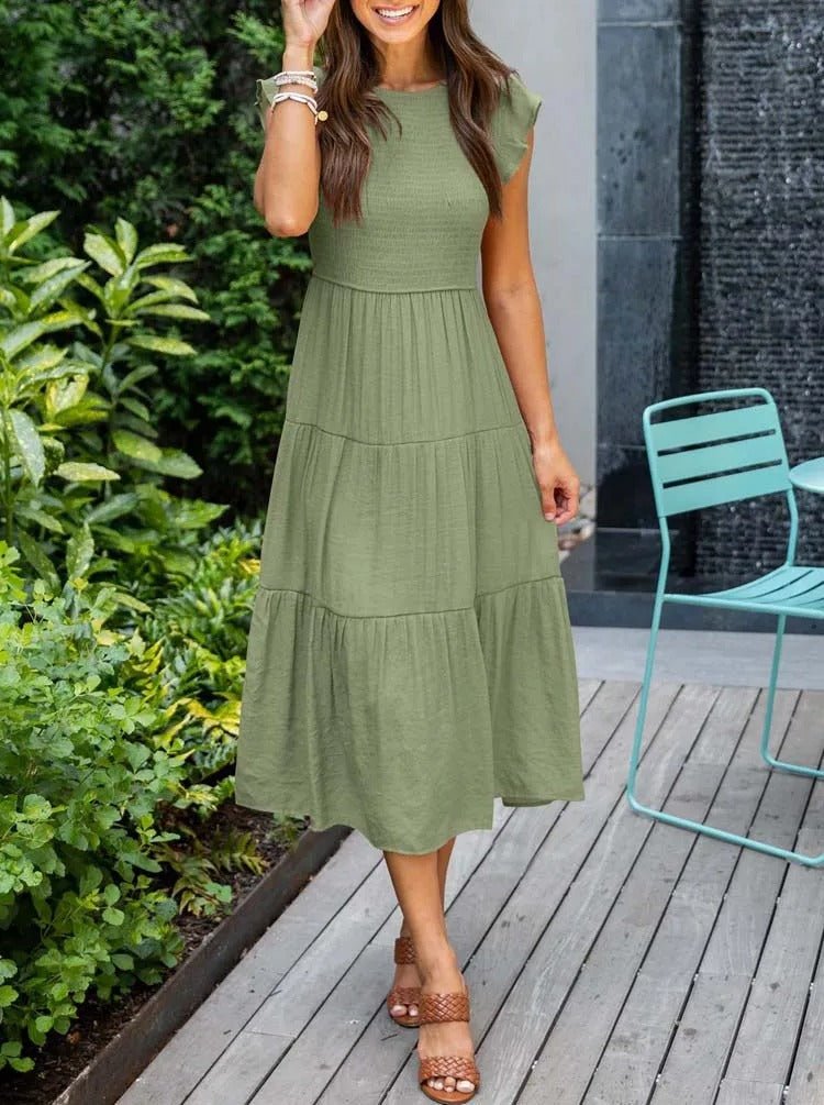 Figurformendes Damen Midi-Kleid mit Bauchkontrolle, elegantes Stufenkleid für besondere Anlässe.
