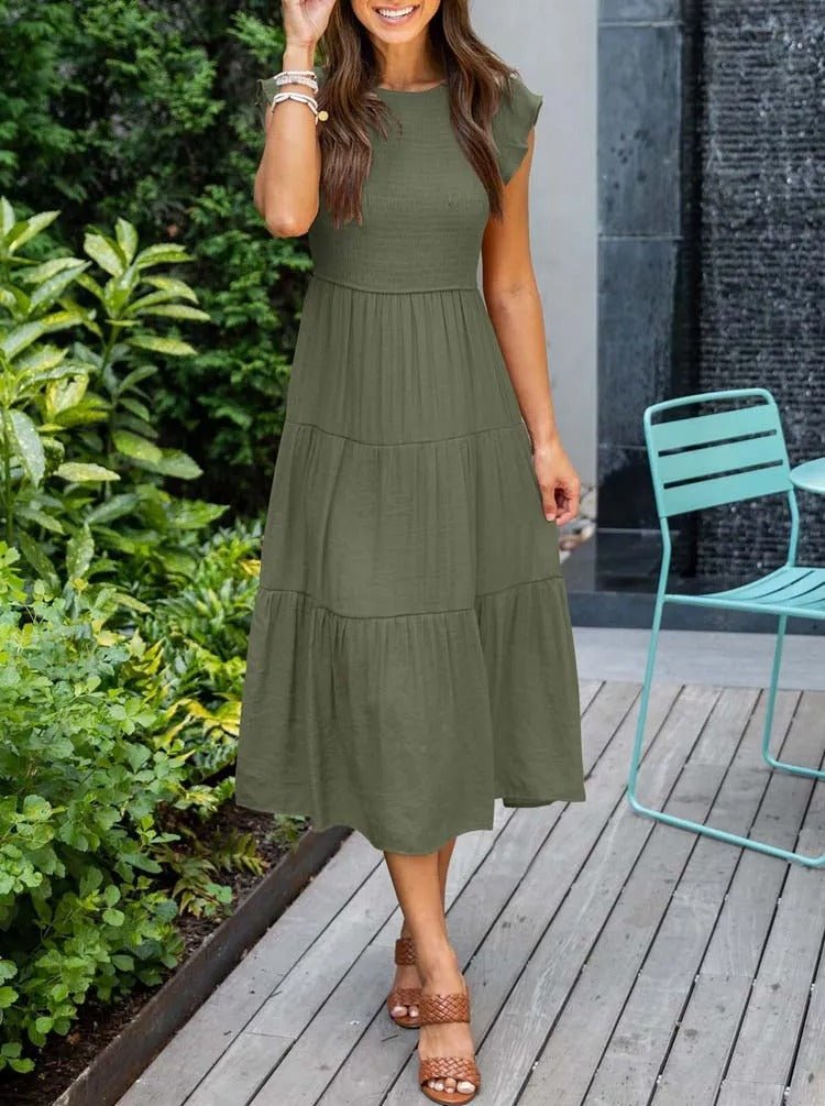 Damen Midi-Stufenkleid mit Bauchkontrolle, elegant und figurschmeichelnd, perfekt für Festlichkeiten.