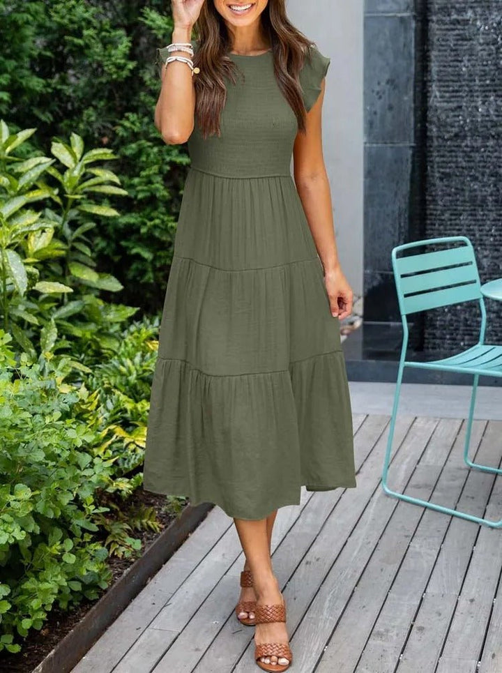 Damen Midi-Stufenkleid mit Bauchkontrolle, elegant und figurschmeichelnd, perfekt für Festlichkeiten.