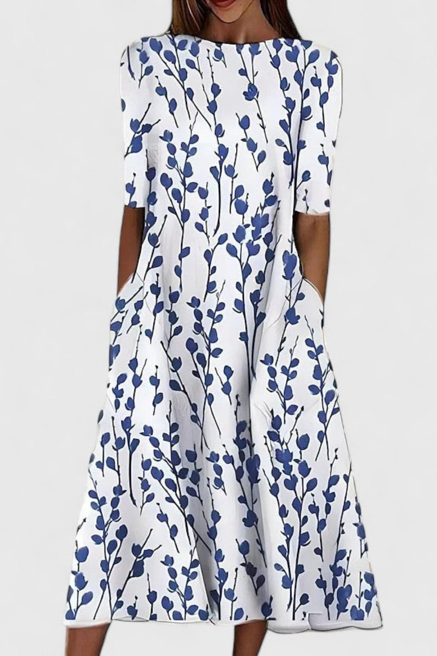 Elegantes Damen A-Linie Blumen Midikleid mit Rundhals, kurzen Ärmeln & Taschen. Perfekt als Sommer-, Freizeit- oder Festkleid.