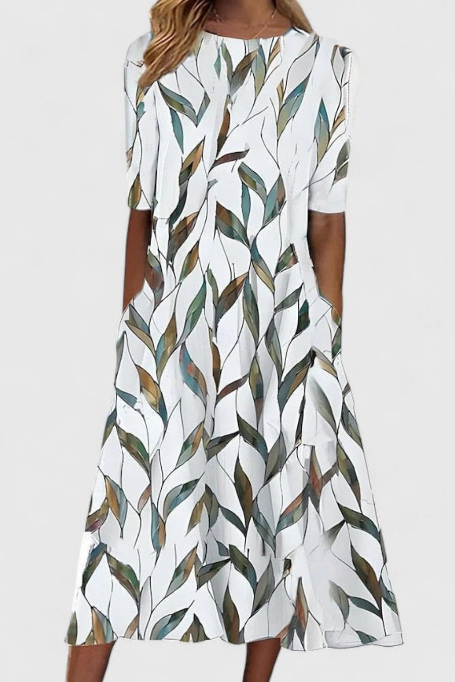 Vollansicht: Festliches A-Linie Damen Midikleid mit Blumenmuster & Rundhals. Ideal für Sommer, Feste oder als Gastkleid.