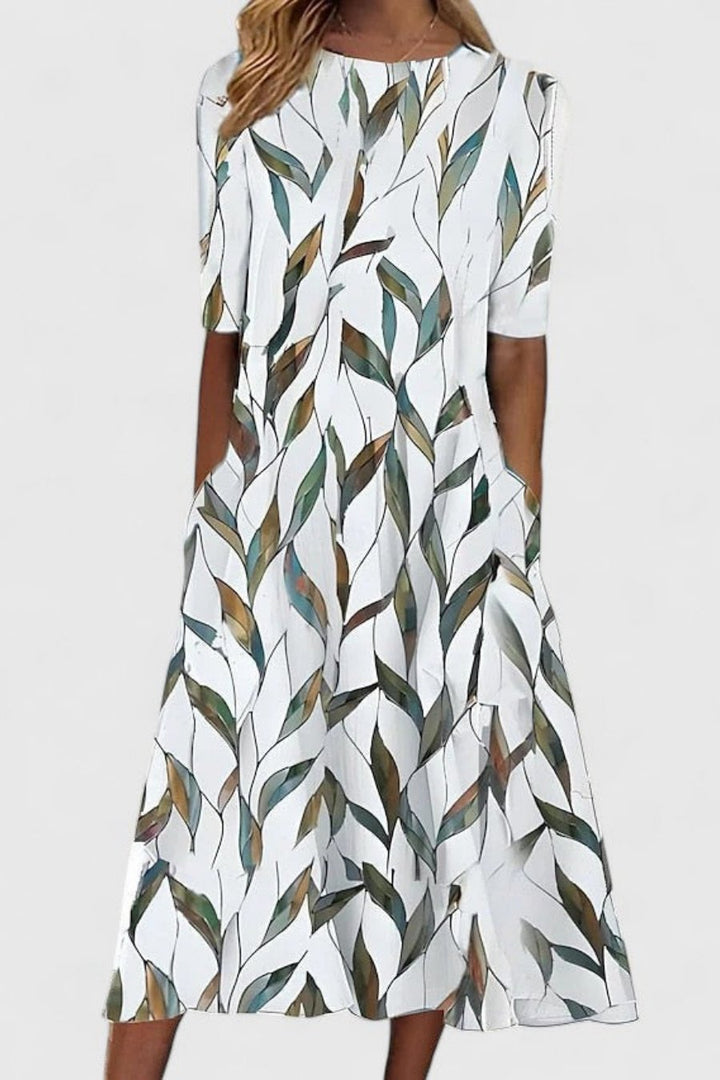 Vollansicht: Festliches A-Linie Damen Midikleid mit Blumenmuster & Rundhals. Ideal für Sommer, Feste oder als Gastkleid.