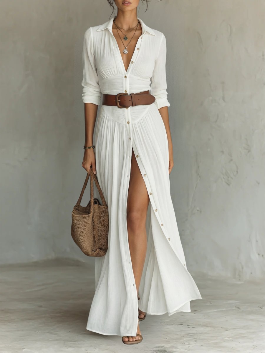 Damen Boho Maxi-Hemdblusenkleid mit Gürtel und Knopfleiste, fließend und elegant für den Sommer.