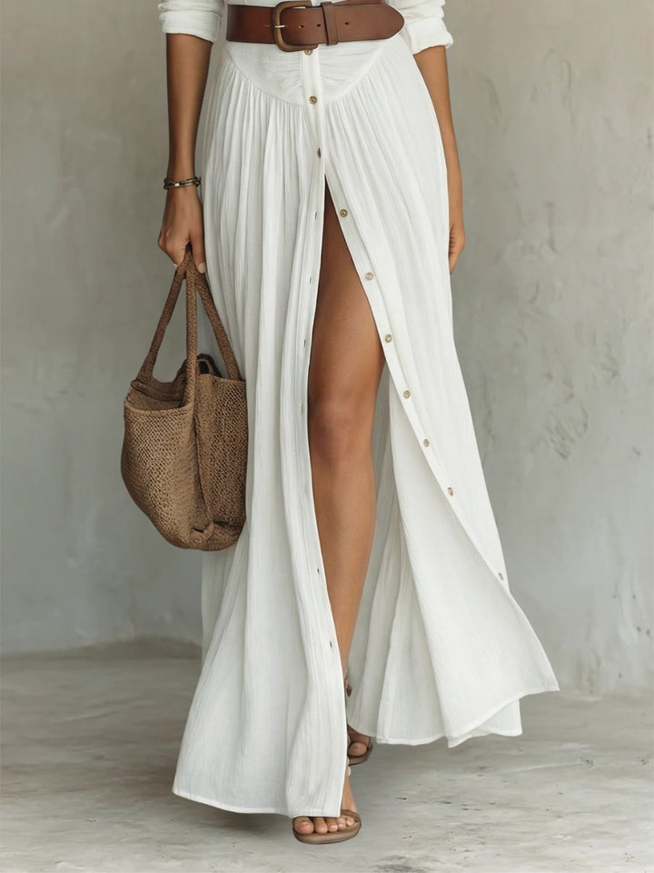 Fließendes Boho Chic Damen Maxikleid, langärmelig, mit Gürtel und Knopfleiste für mühelose Sommerlooks.