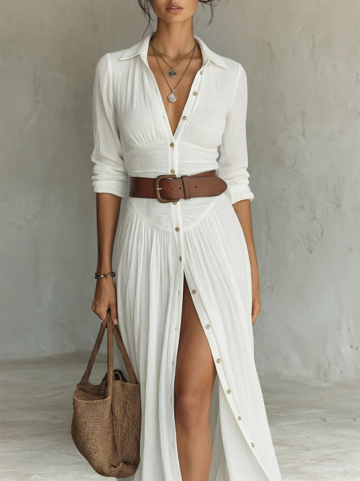 Elegantes Hemdblusenkleid für Damen im Boho-Stil, mit durchgehender Knopfleiste und Taillengürtel.