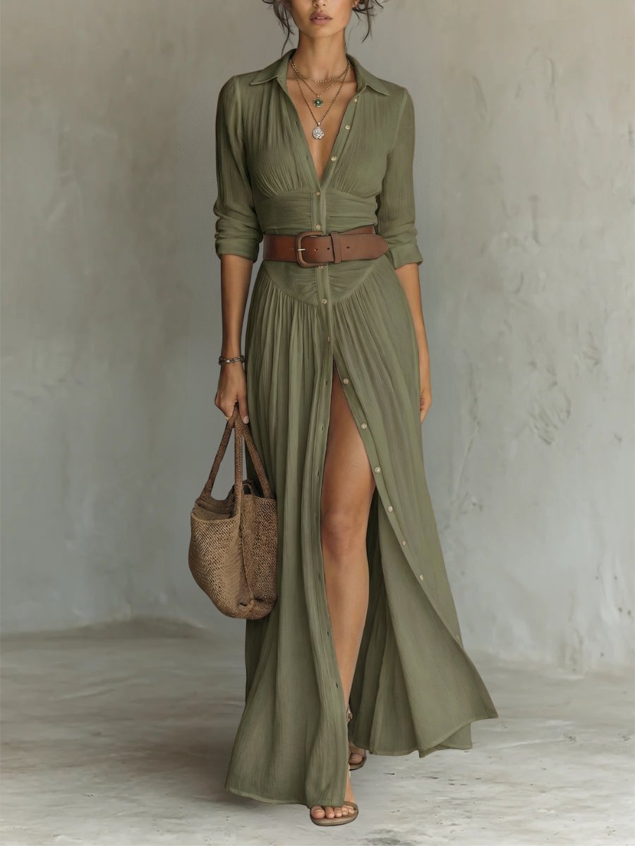 Damen Freizeitkleid: Fließendes Boho Maxikleid mit langen Ärmeln, Knopfleiste und Gürtel, vielseitig.