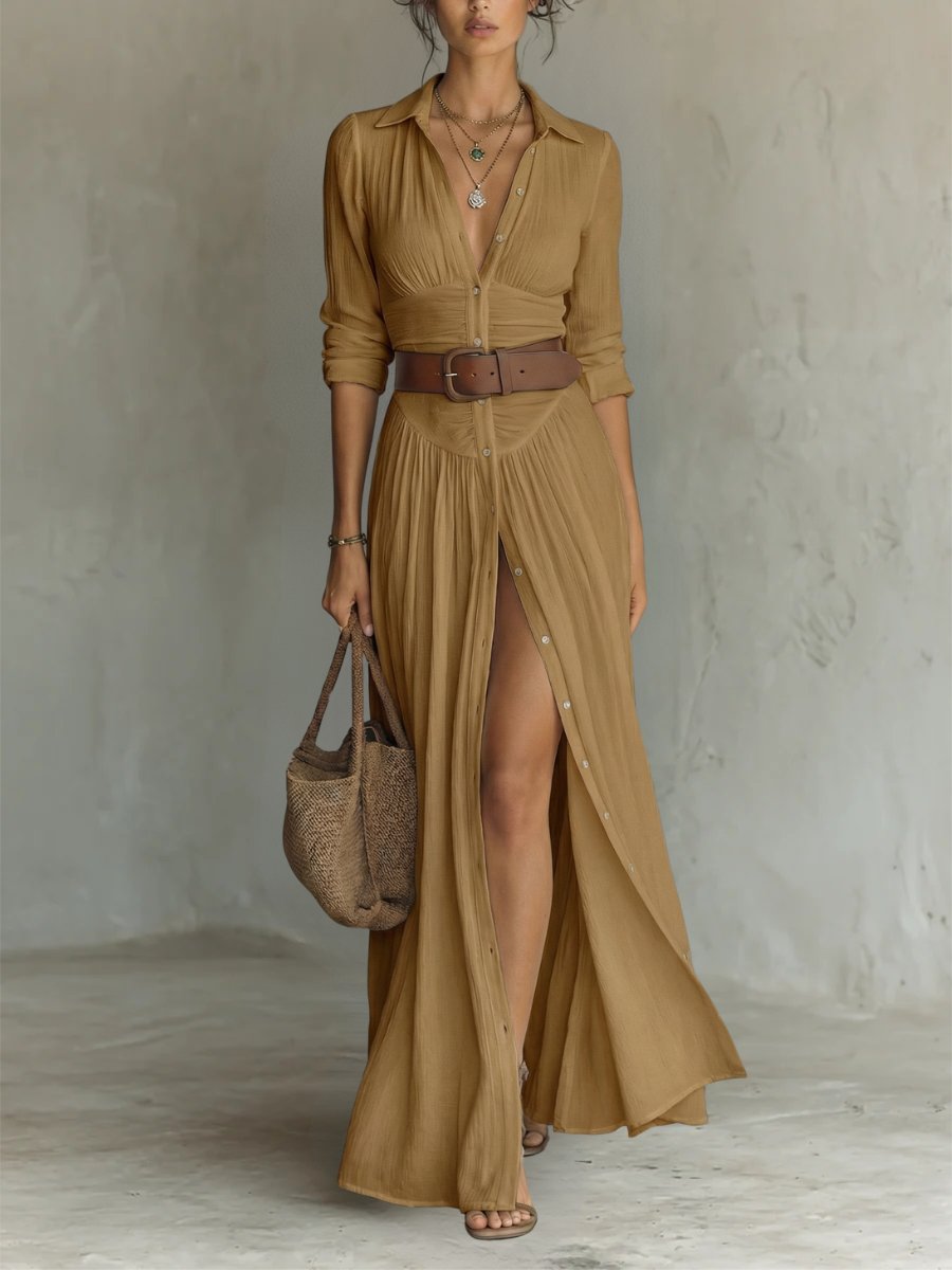 Stilvolles Damen Maxikleid im Boho Chic, mit Gürtel und Knopfleiste, ideal als sommerliches Hemdblusenkleid.